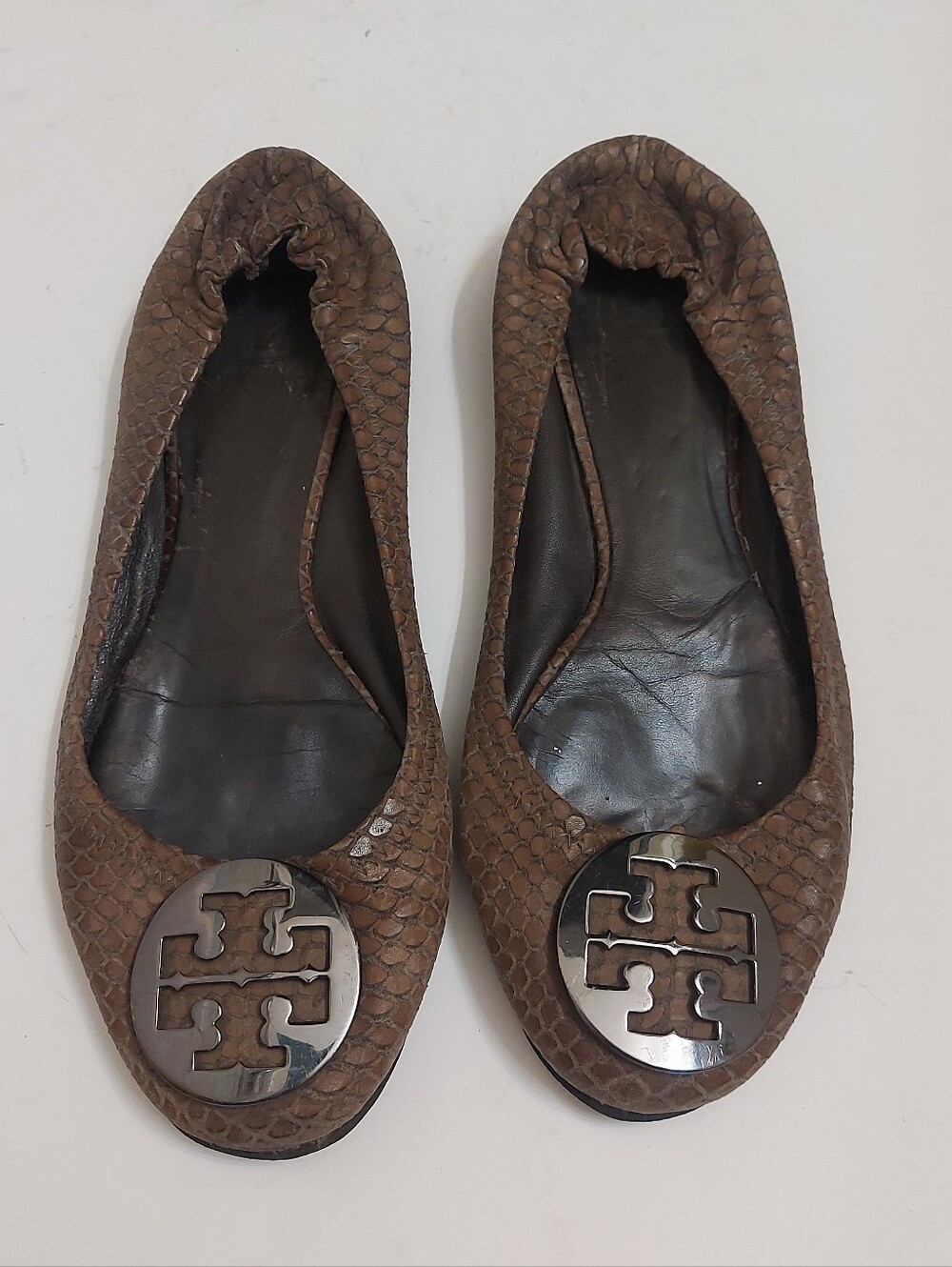 Tory Burch Brown Snakeskin-Textured Reva Ballet Flats